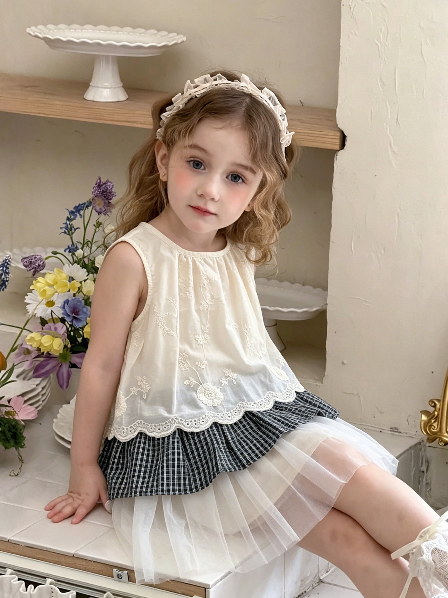 Korean Style Summer Suit Cotton Embroidered Sleeveless Top Children's Dress