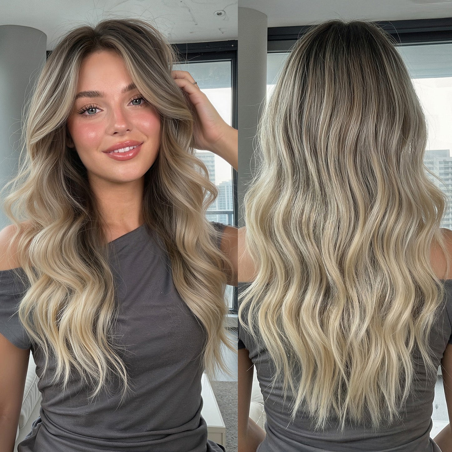 Gradient Platinum Curly Bangs Fluffy Natural Fiber Wig Long Curls