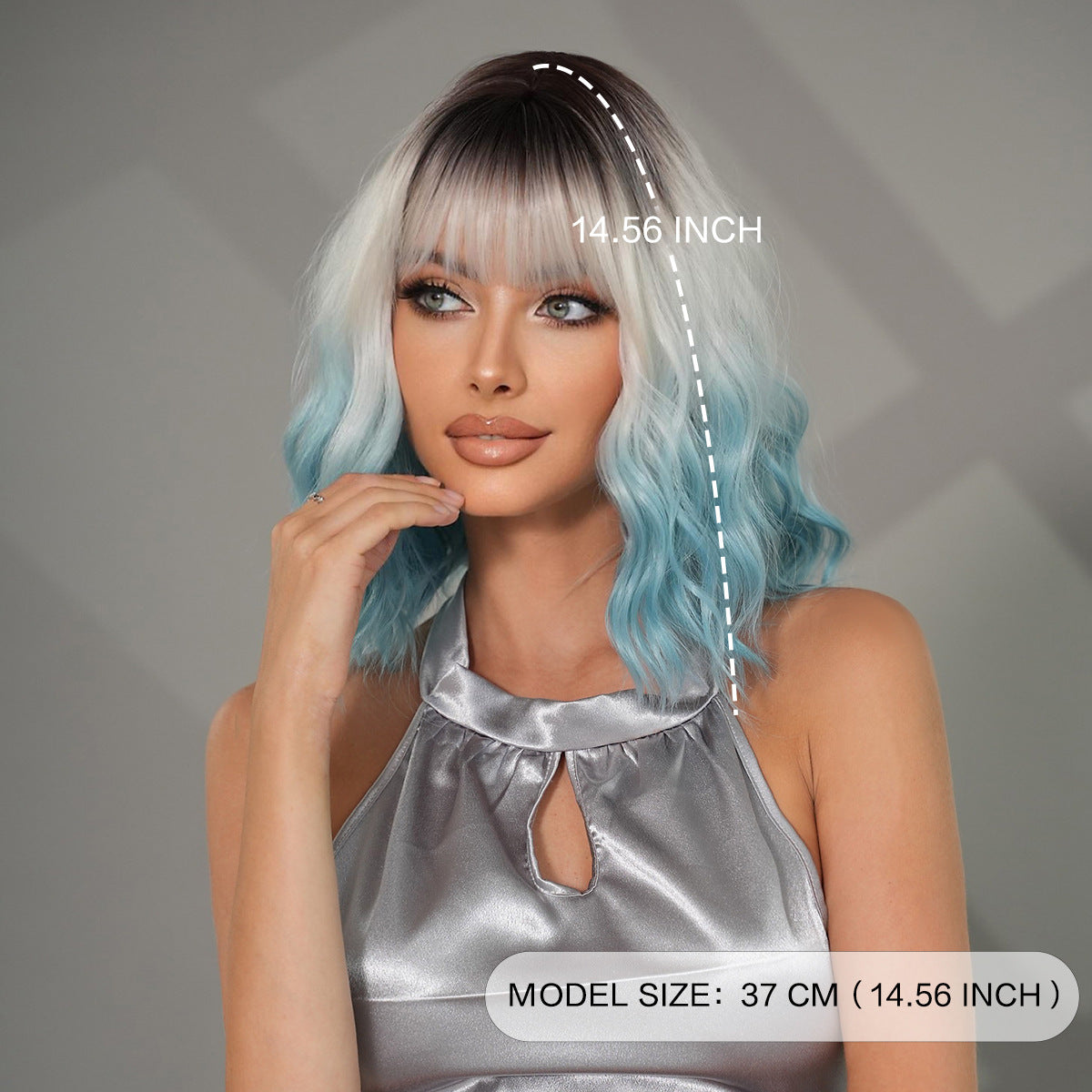 Gradient Blue Female Straight Bangs Water Ripple Head Chemical Wig Short Curly Hair