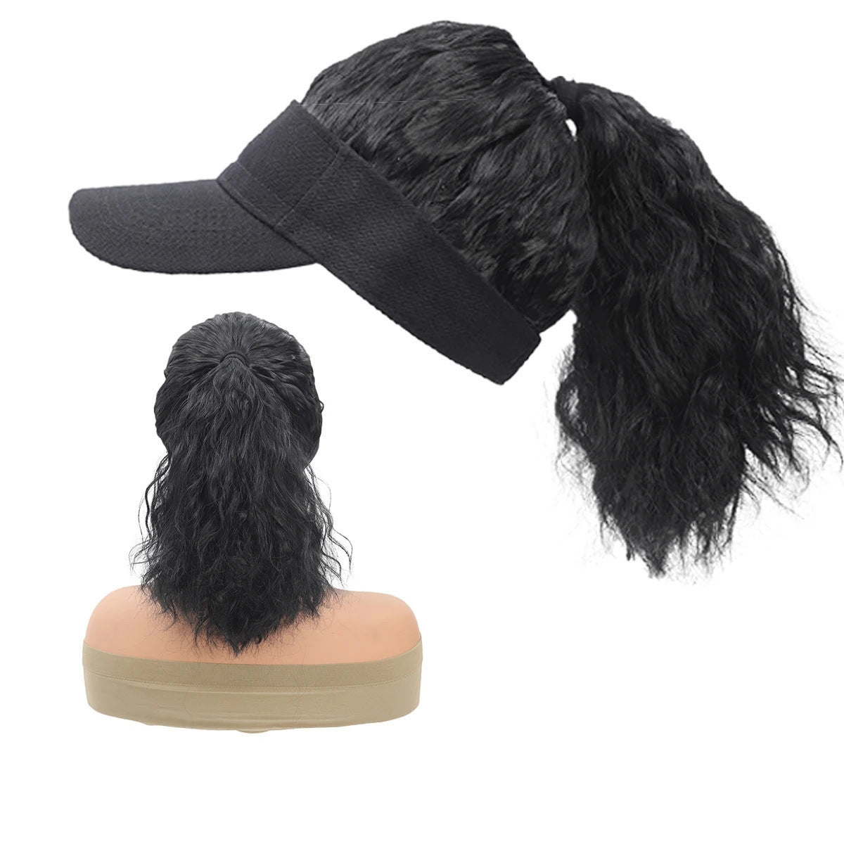 Women's Hat Black Cap Ponytail Integrated Synthetic Corn Curler Horse Wig Long Curls