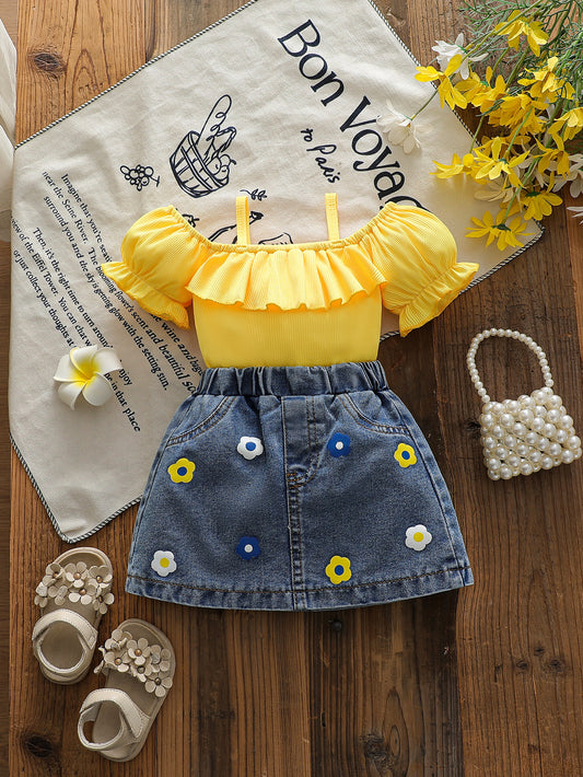 Pastoral Style Lotus Leaf Strap Top Embroidered Children's Suit