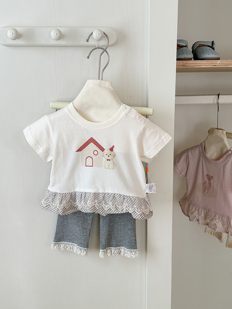 Summer Infant Cartoon Printed Top Sweet Lace Short Children's T-shirt