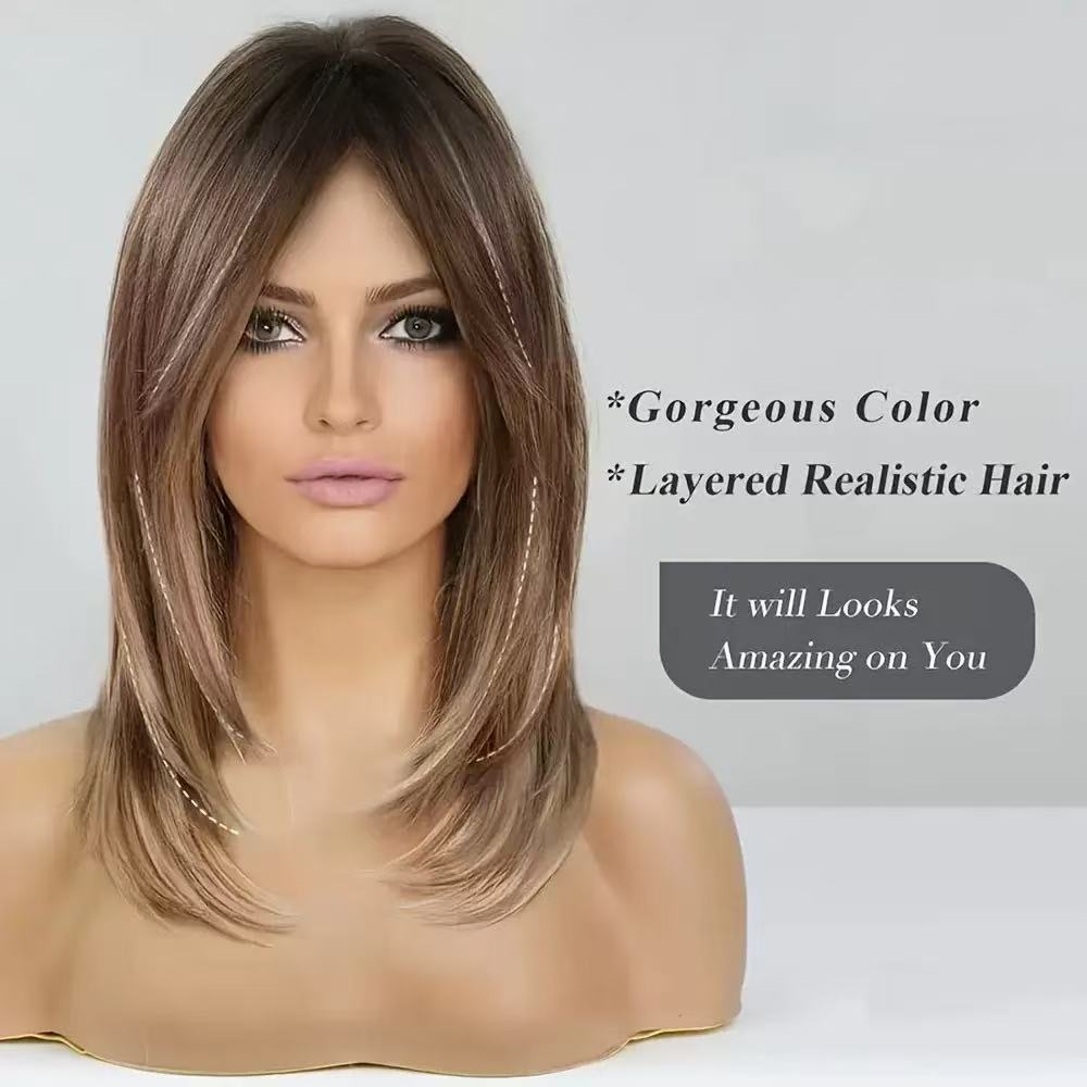 Red Brown Bangs Straight Hair Mechanism Chemical Wig Long Curls