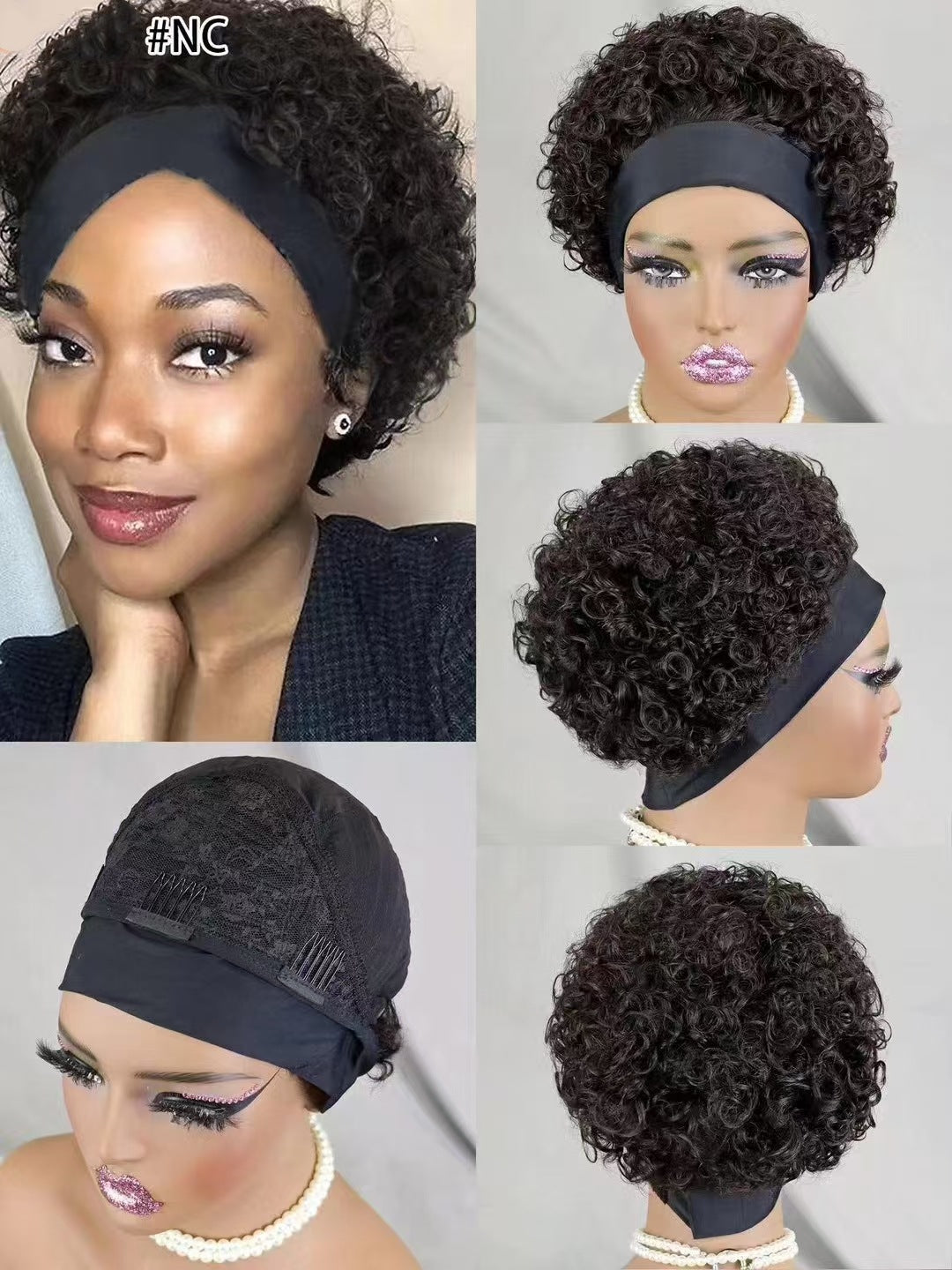 Classy Cool Human Headband Short Curl Real Hair Wig