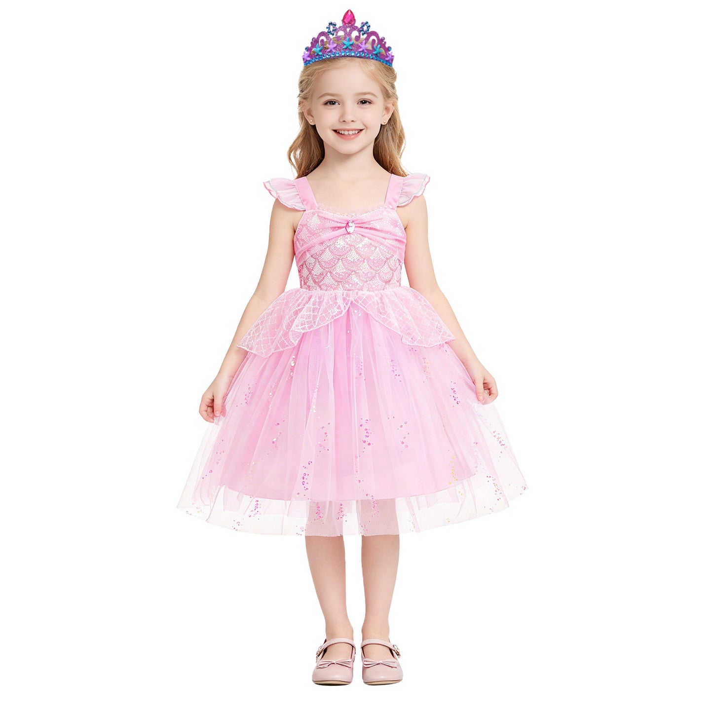 Mermaid Princess Flounced Sleeve Flashing Western Style Tulle Children's Dress