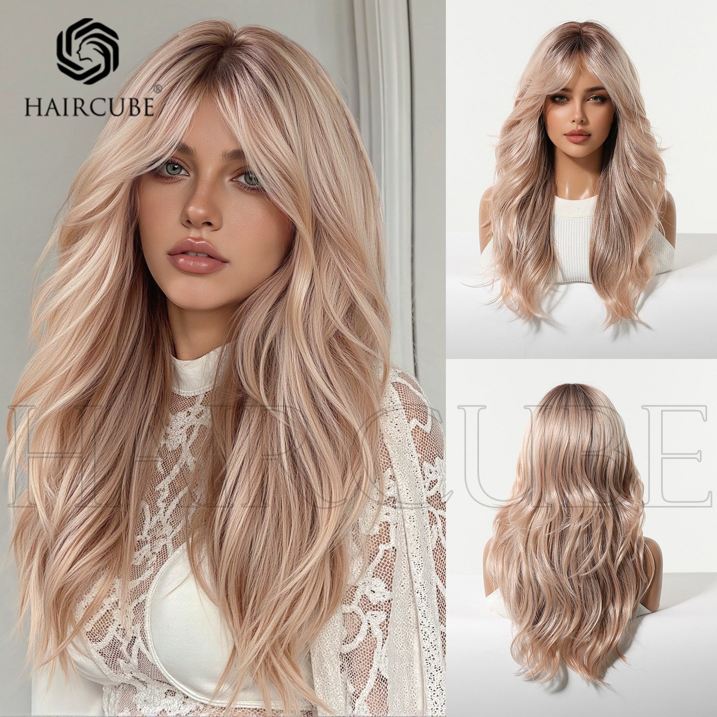 Hair Headgear Wave Dance Show Performance Bangs Lotus Pink Atmosphere Wig Long Curls