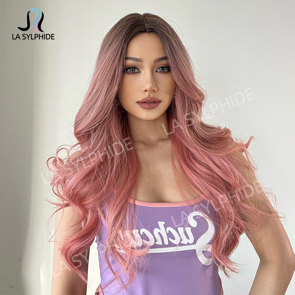 Women's Chemical Fiber Medium Curly Hair Pink Wig Long Curls