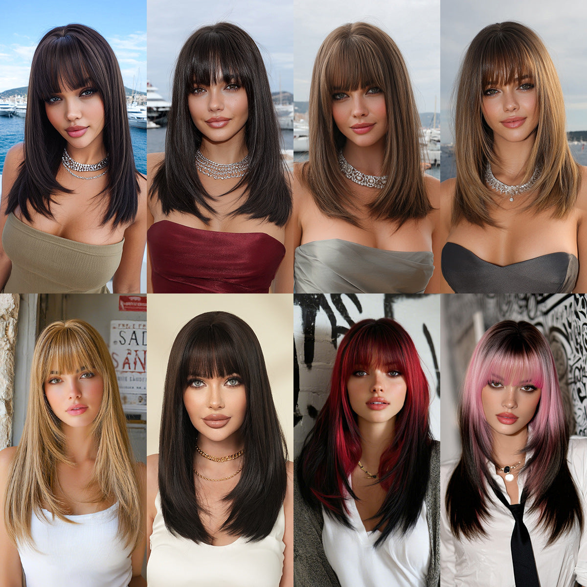 Quality Female Natural Black Layered Bangs Long Straight Wig