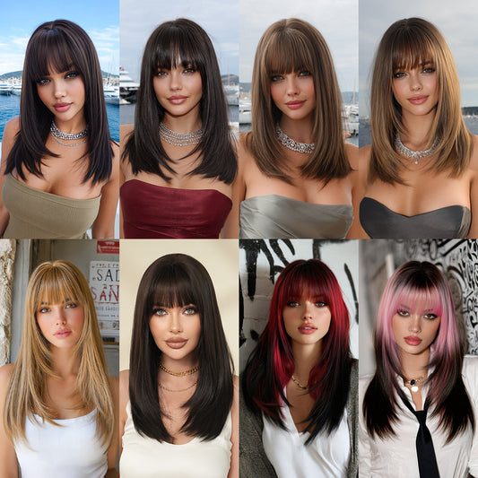 Quality Female Natural Black Layered Bangs Long Straight Wig
