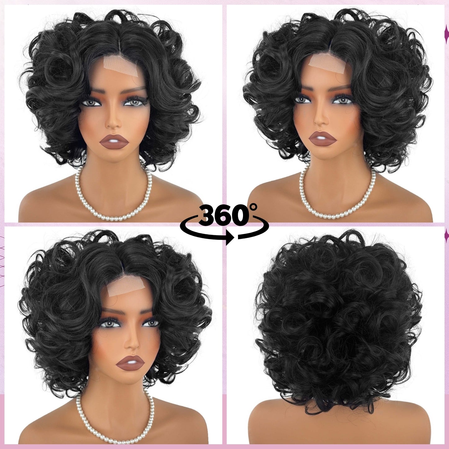 Women's Black Fiber Forehead Lace Small Volume Wig Short Curly Hair