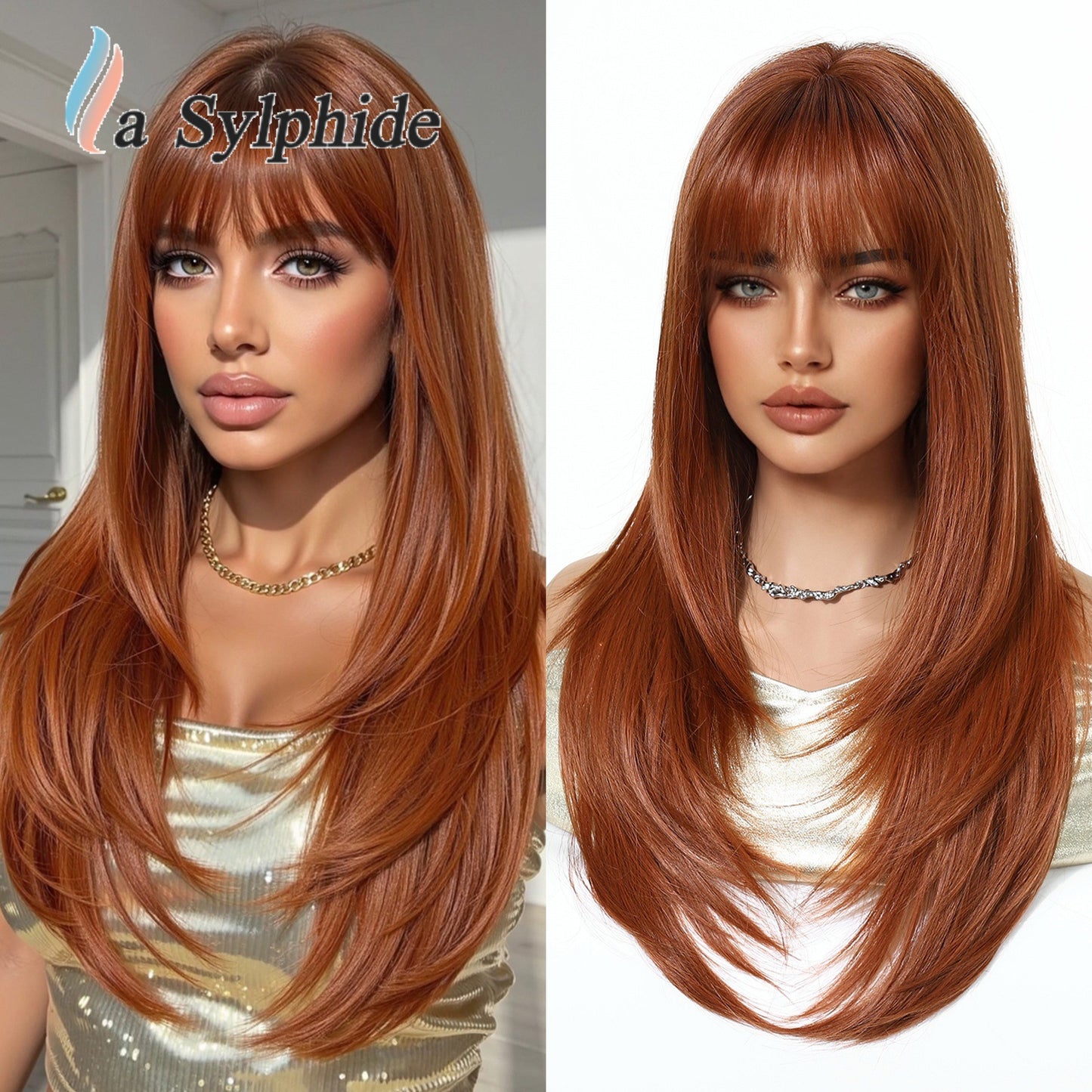 Bangs Summer Level Red Hair Rose Net Long Straight Wig