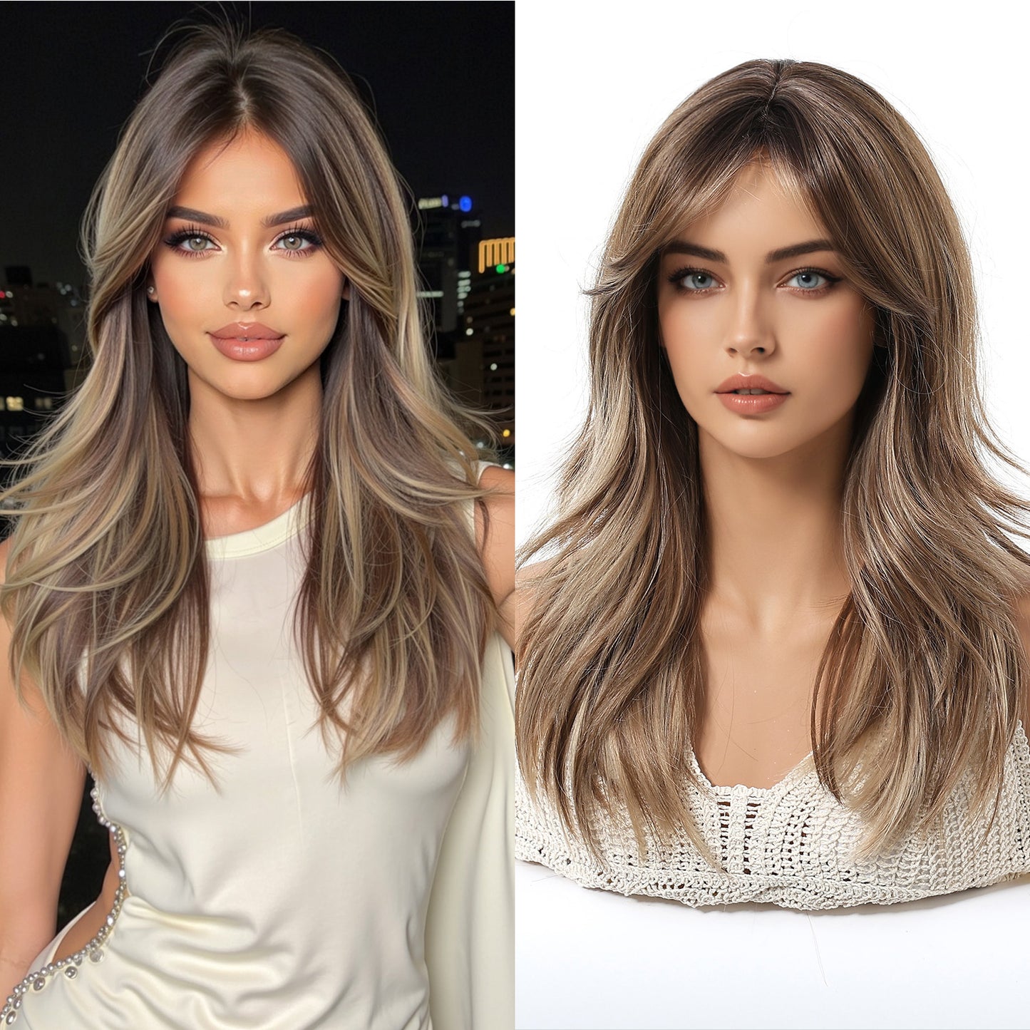 Live Broadcast Brown Golden Gradient Rose Net Mechanism Bangs Fashion Wig Long Curls