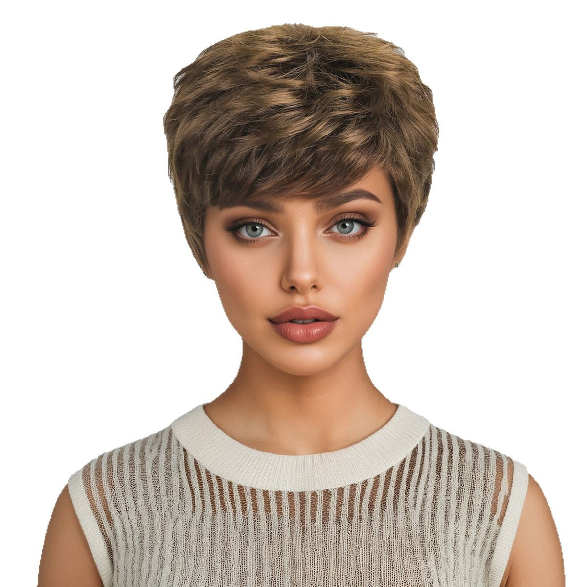 Women's Fashion Brown Bangs Full Top Wig Short Curly Hair