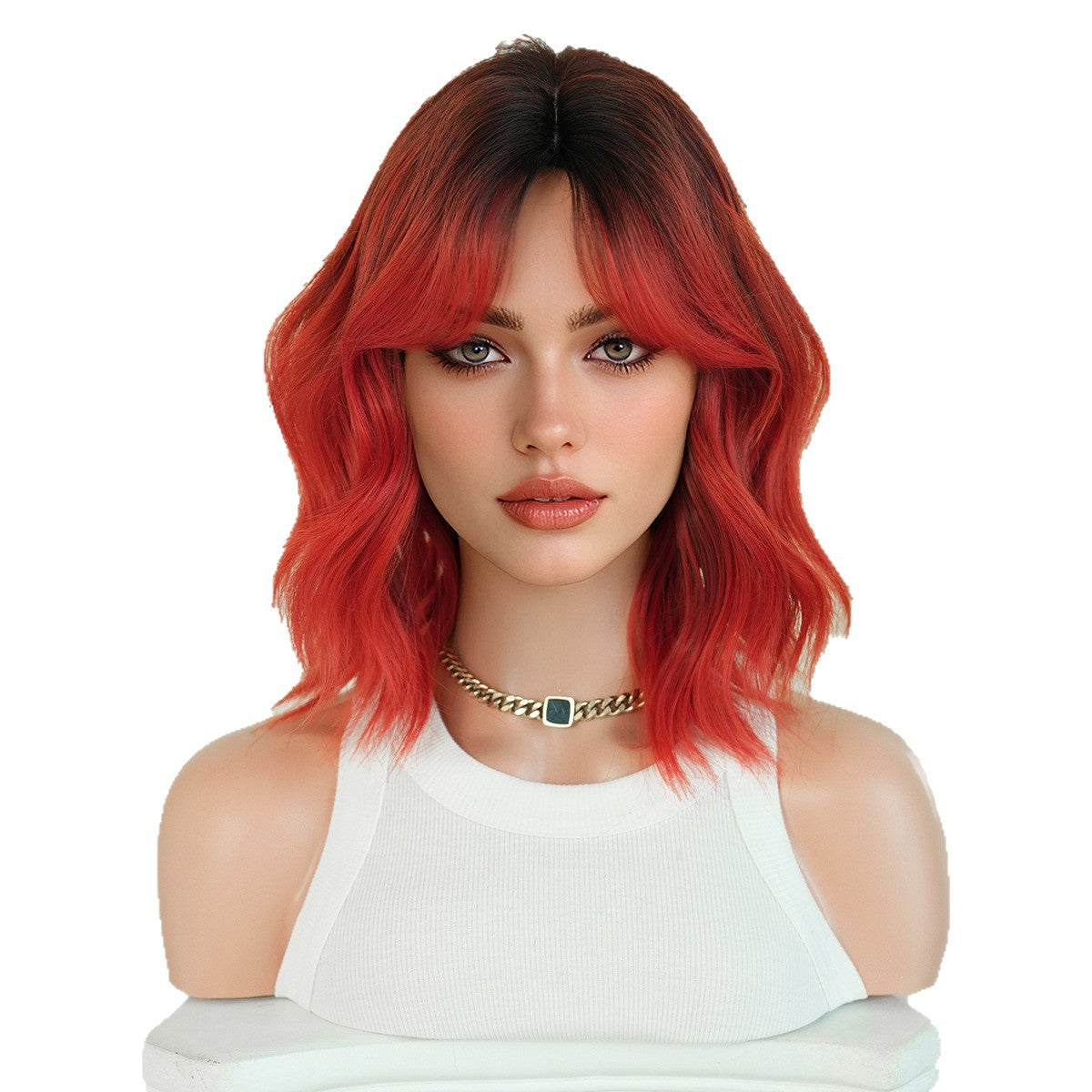 High Quality Female Red Bangs Short Wavy Curly Hair Chemical Wig Long Curls