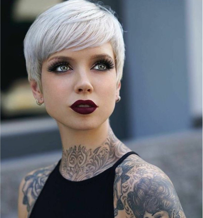 Female Side Bangs Gray White Mechanism Synthetic Wig Short Straight Hair