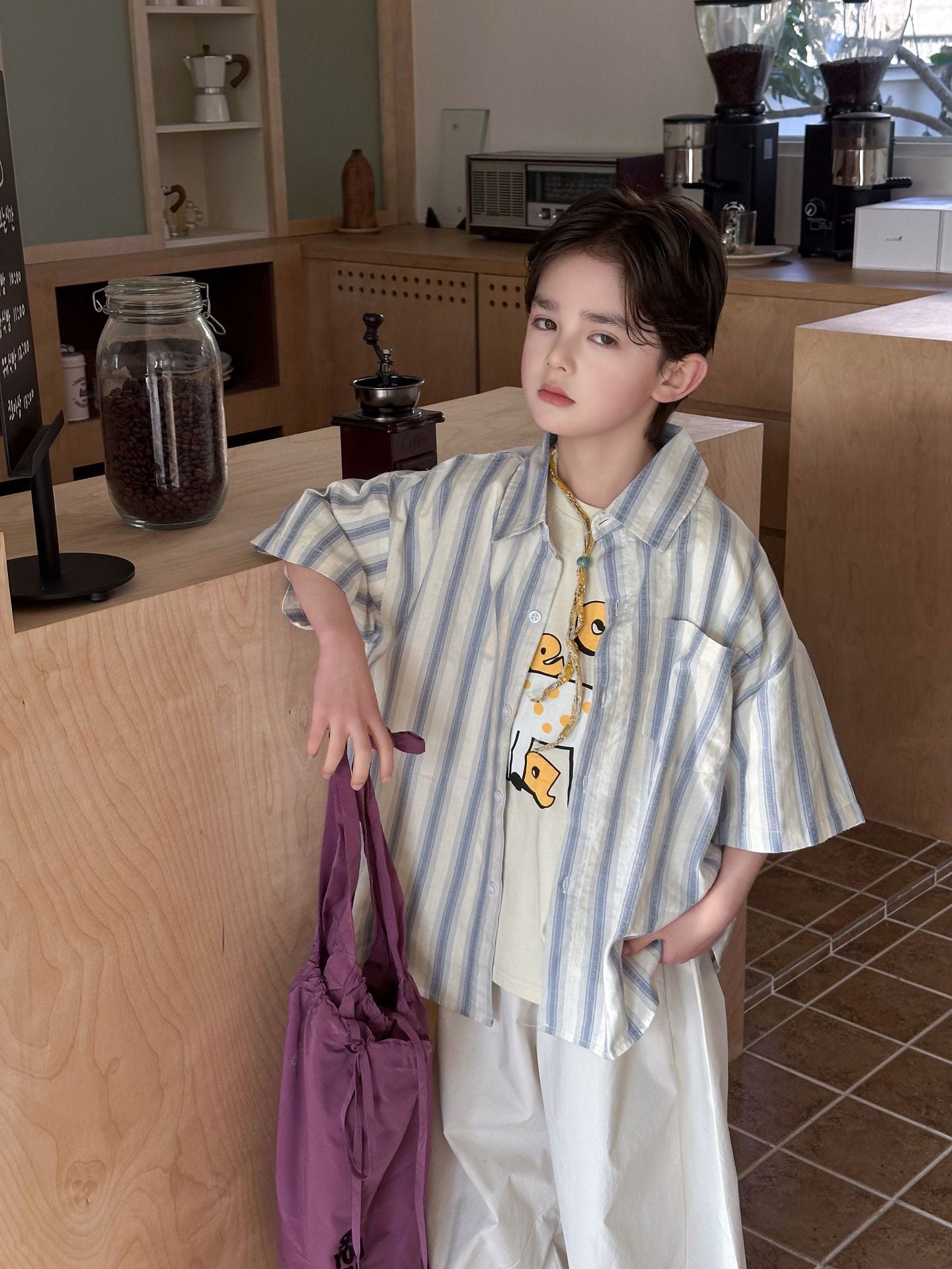 Children's Summer Cotton Short-sleeved Striped Korean Loose Woven Children's Shirt