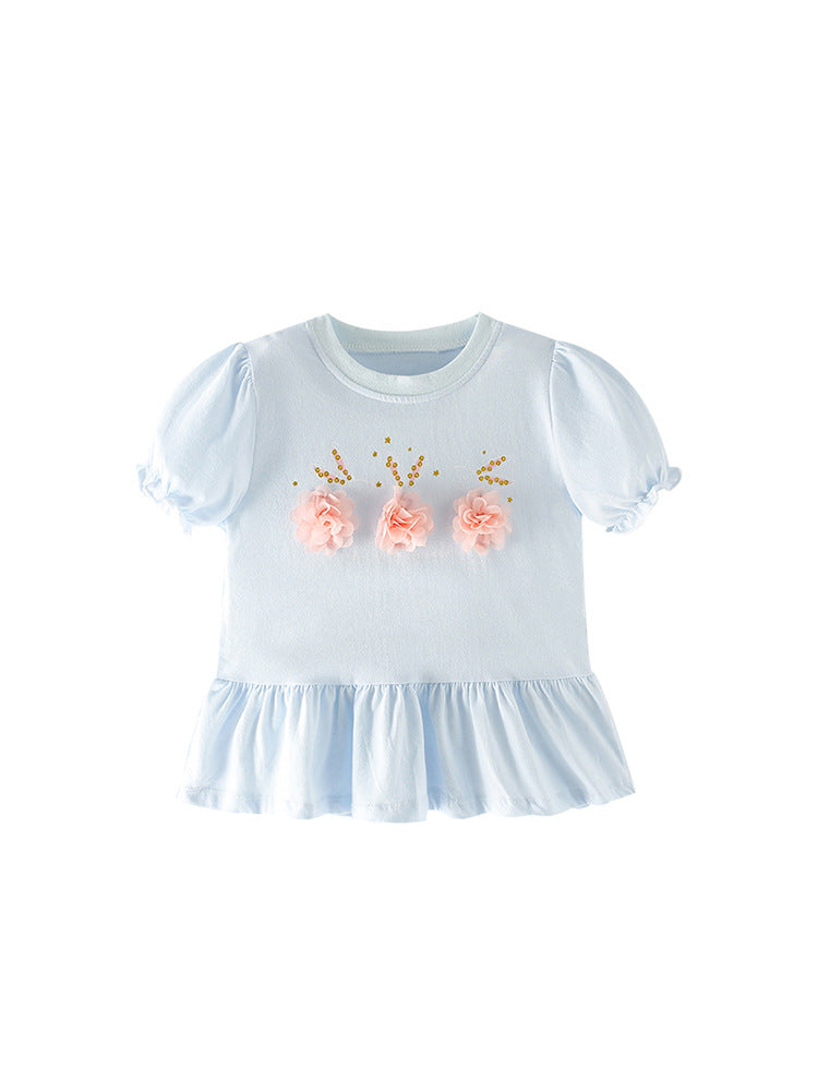 Summer Flower Cotton Short Sleeve Round Children's T-shirt