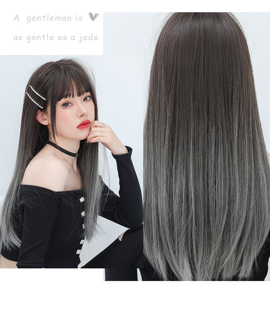Women's Long Summer Natural Princess Cut Straight Gradient Real Hair Wig