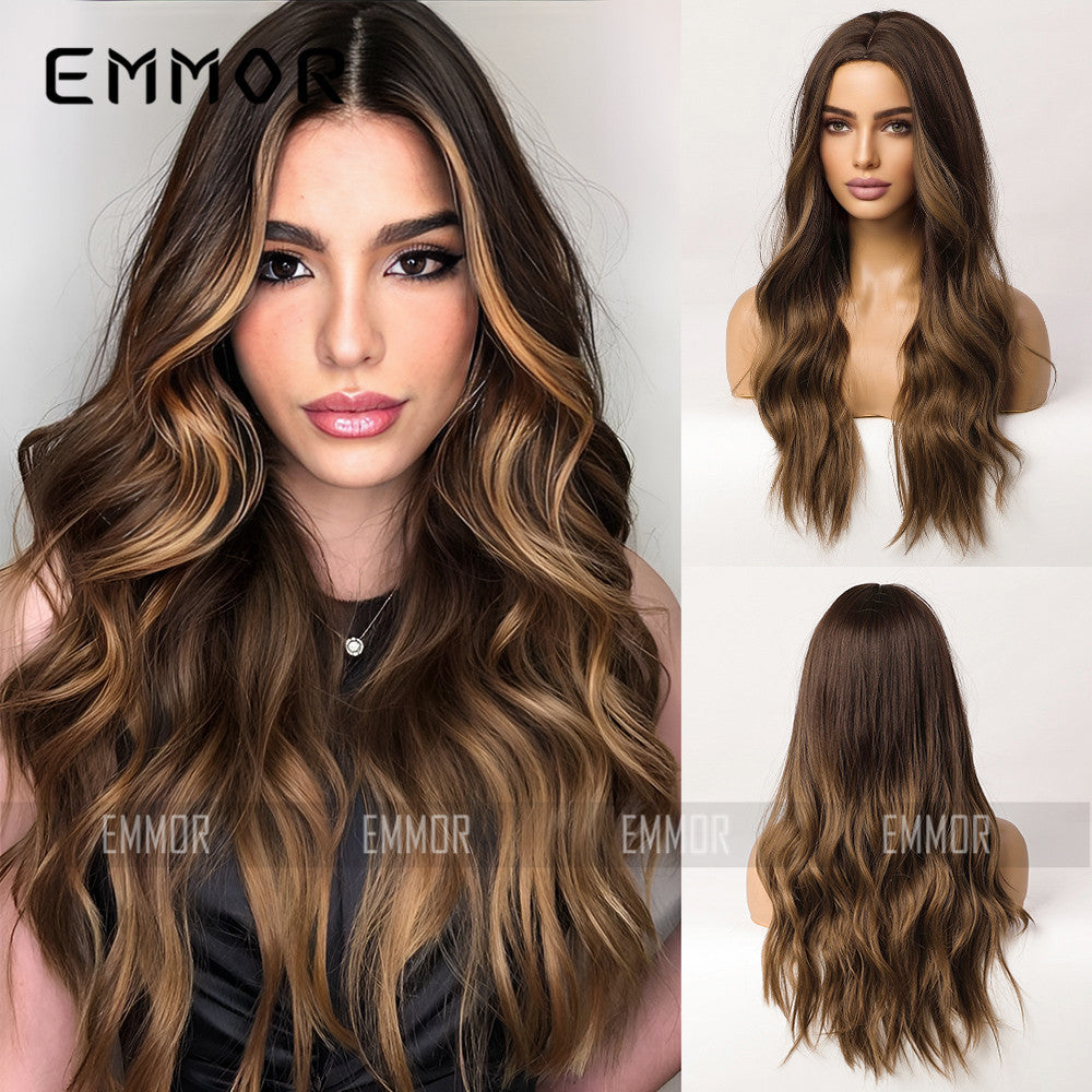 Brown Highlight Fiber Chemical Female Curly Long Straight Wig