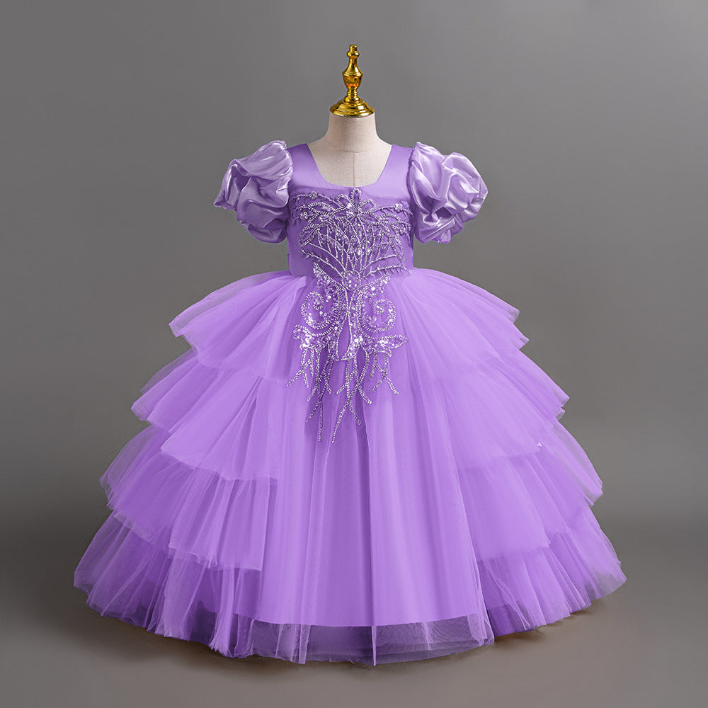 Children's Irregular Puff Sleeve Princess Flower Wedding Performance Level Cake Children's Dress