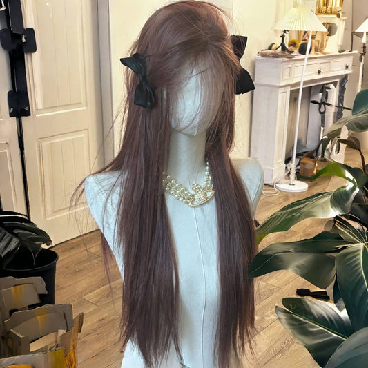 Pink Brown Western Style Bangs Hair White Girlish Small Lace Long Straight Wig