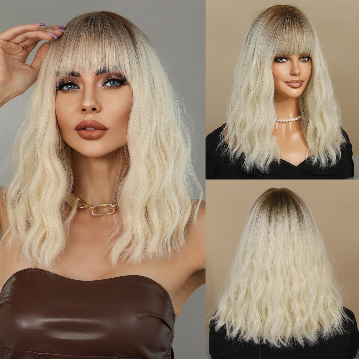 Gradient Brown Mid-length Wavy Curly Hair With Bangs On The Other Wig