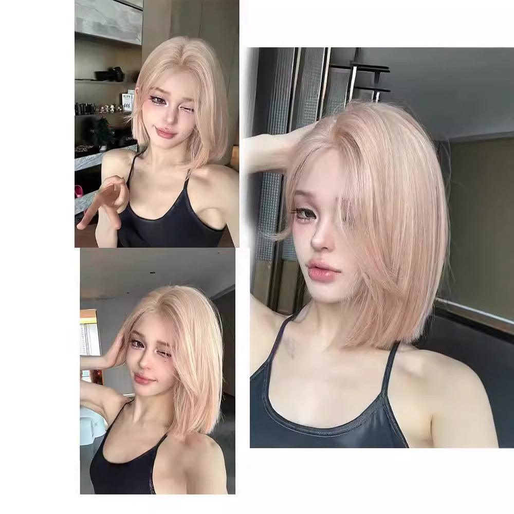 Women's Pink Golden Mid-length Bangs Short Hair Summer Barbie Korean Daily Other Wig