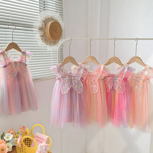 Rainbow Wings Mesh Summer Flounced Sleeve Princess Children's Dress