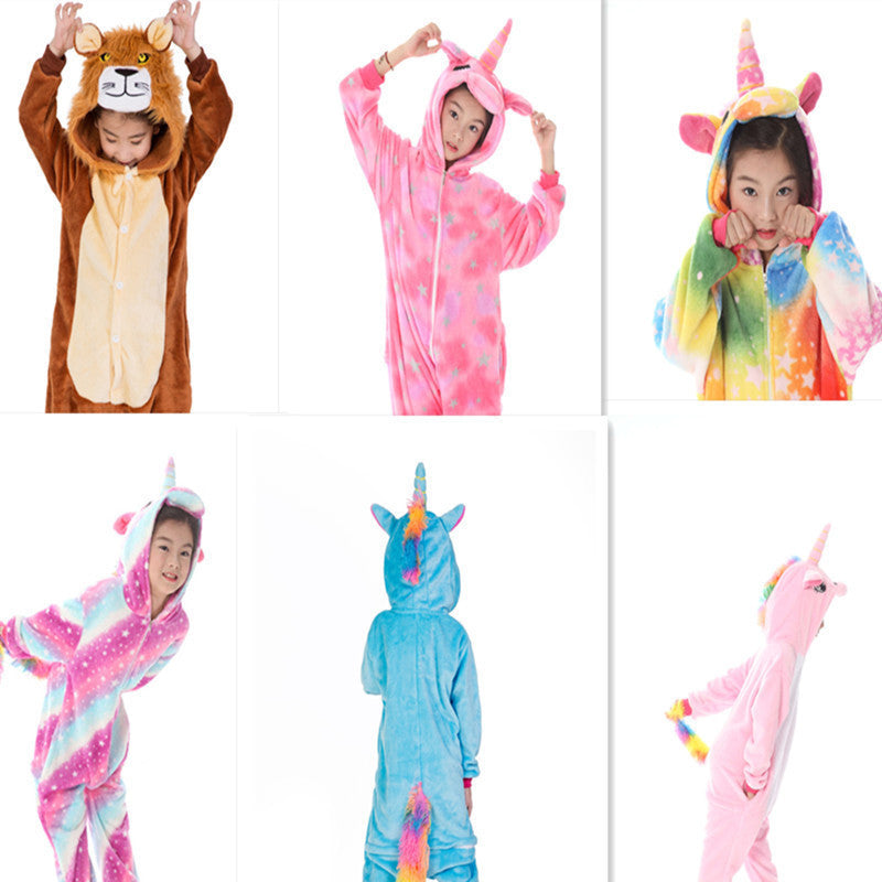 Children's Cartoon Animal One-piece Pajamas Rainbow Flannel Lion Cute Long Jumpsuit, Climbing Suit