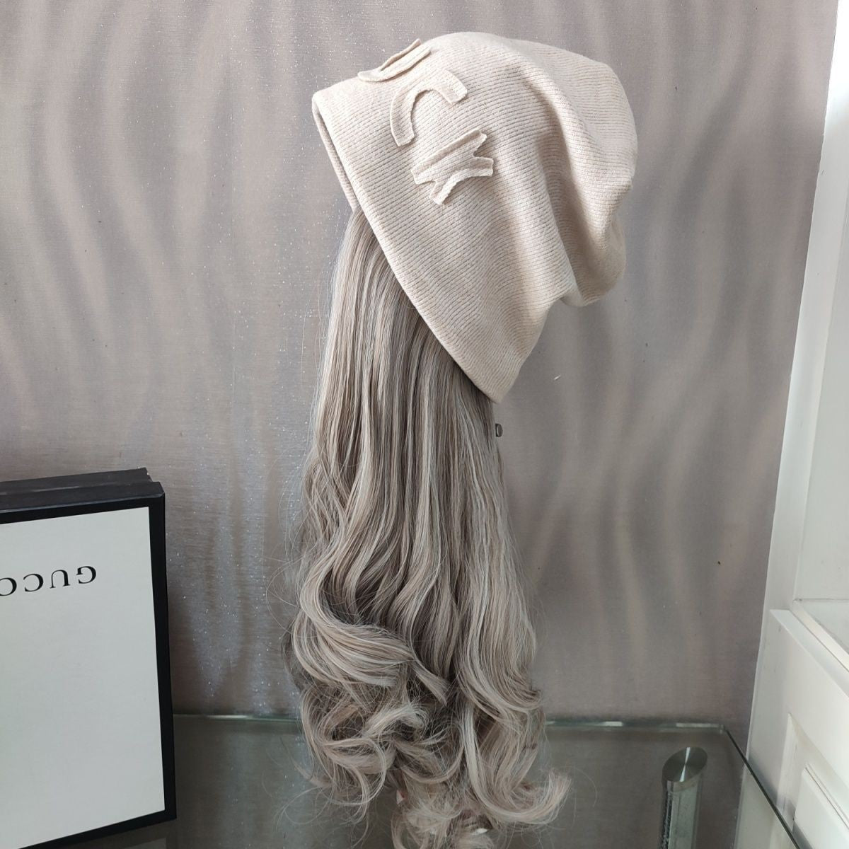 Women's Fashion Tide Gray Pile Heap Cap Street Wig Long Curls
