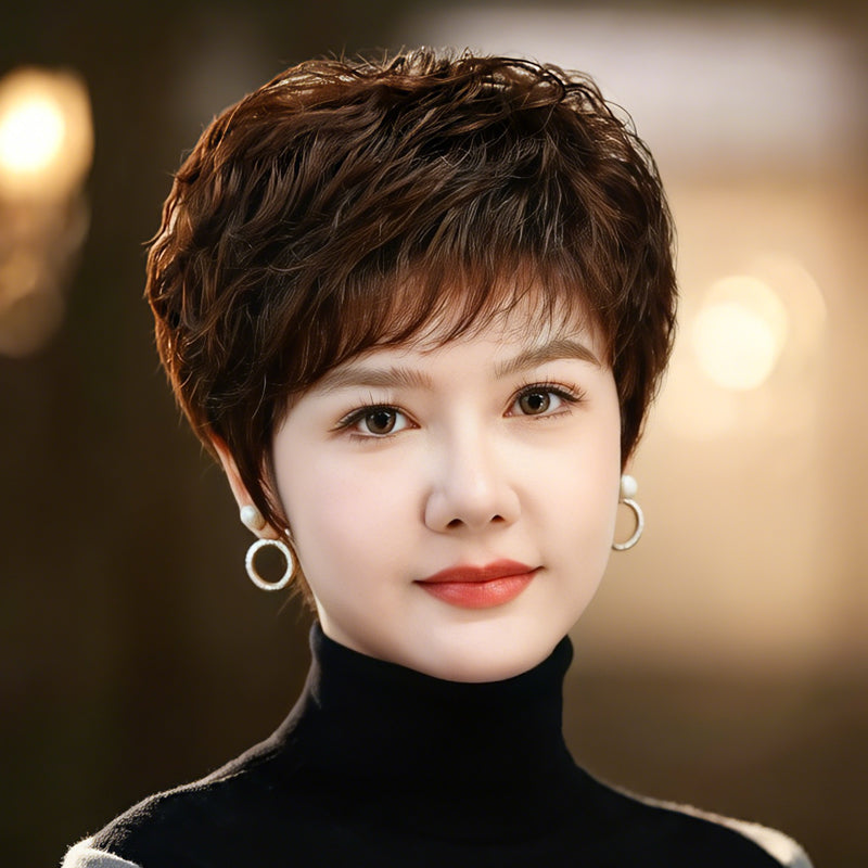 Women's Human Mother's Head Cover Natural All Real Wig Short Curly Hair