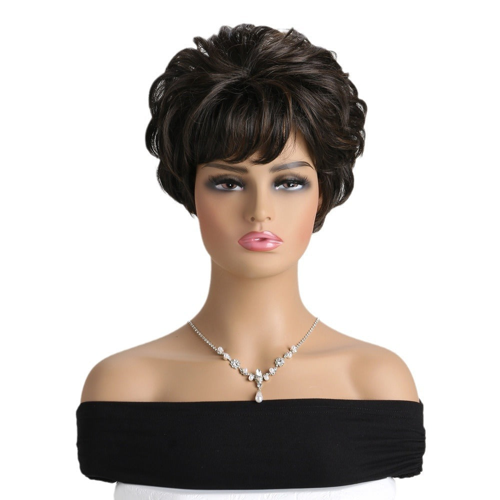 Women's Fashion Fluffy Side Bangs Black Brown Pick Color Wig Short Curly Hair