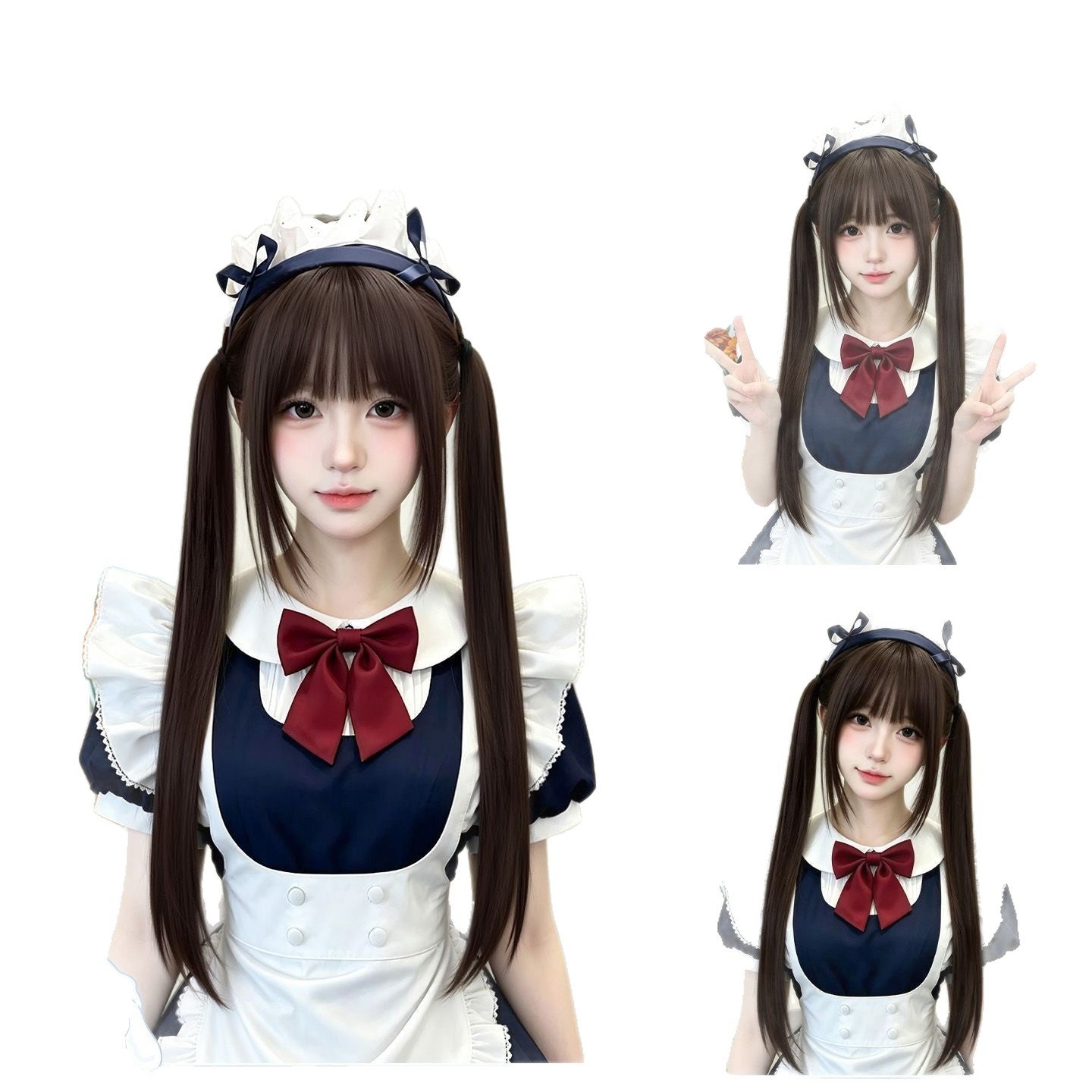 High Tie Double Horse Tail Hair Little Rose Ponytail Long Straight Wig