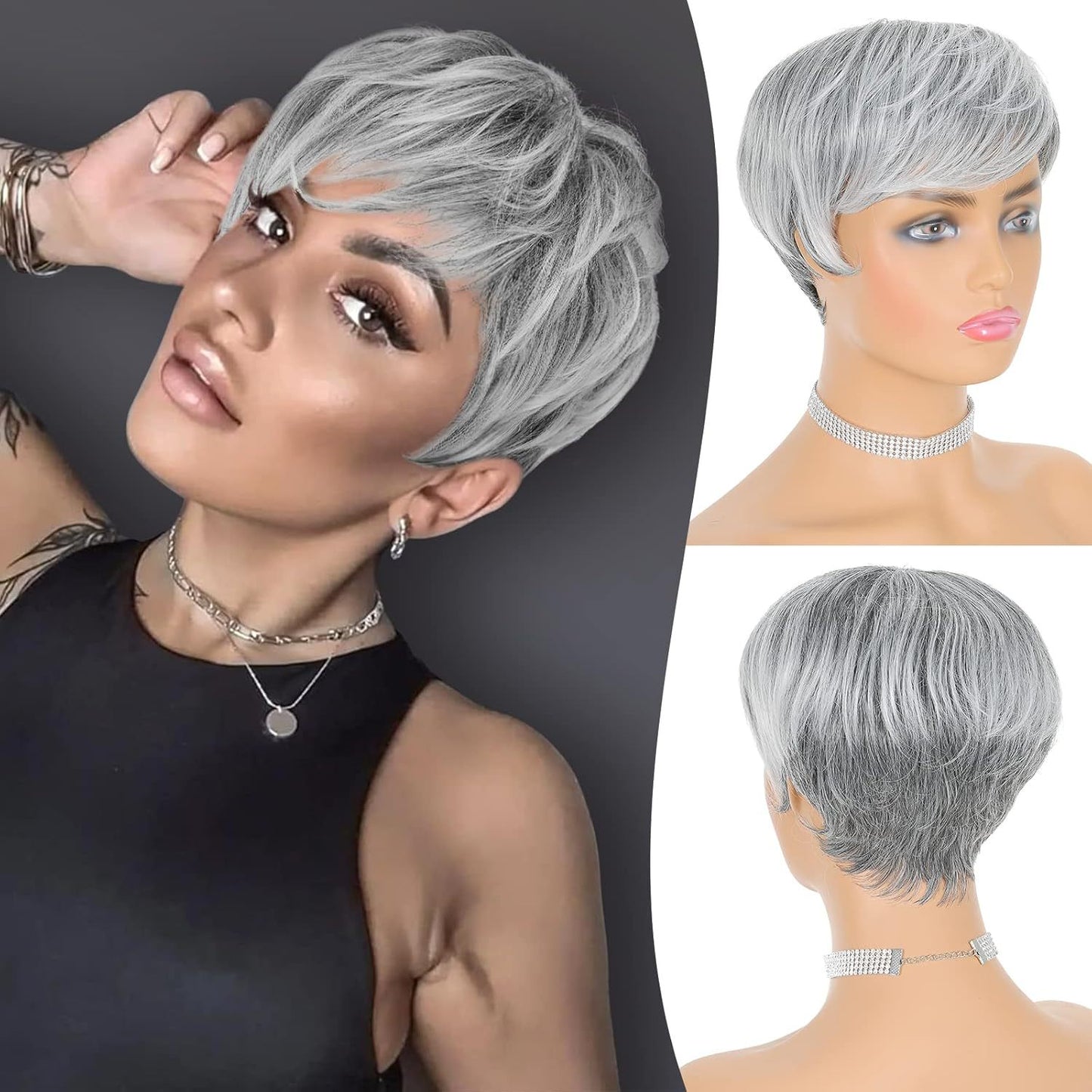 Women's Fashion Synthetic Wigs Gray White Split Wig Short Straight Hair