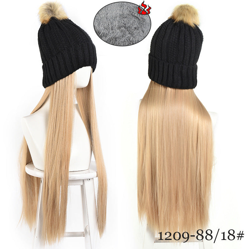 Hat Integrated Black Knitted Beret Golden Long Straight Hair Chemical Other Wig