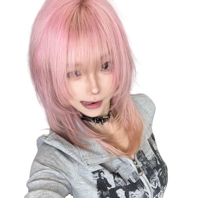 Daily Female Pink Collarbone Asian Culture Bangs Wig Short Straight Hair