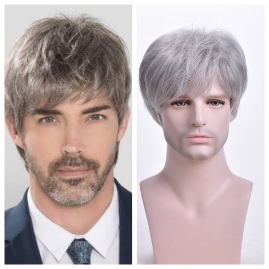 Men's Gray White Short Curly Head Cover Men's Wig