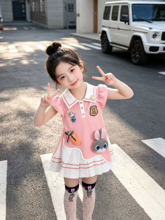 Children's Summer Rabbit Police Officer Drawstring Preppy Children's Dress