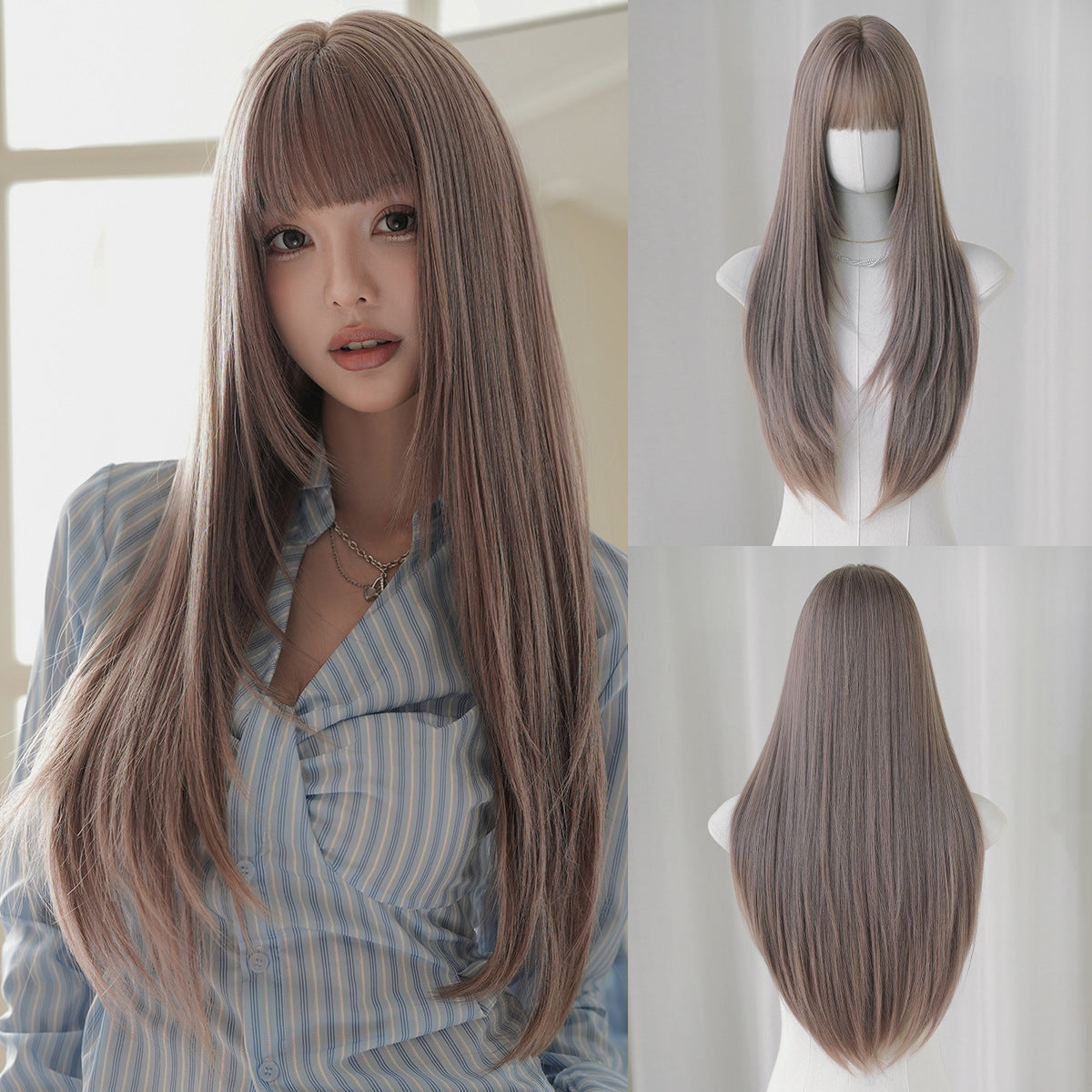 Black Full Top Bangs High Quality Chemical Long Straight Wig