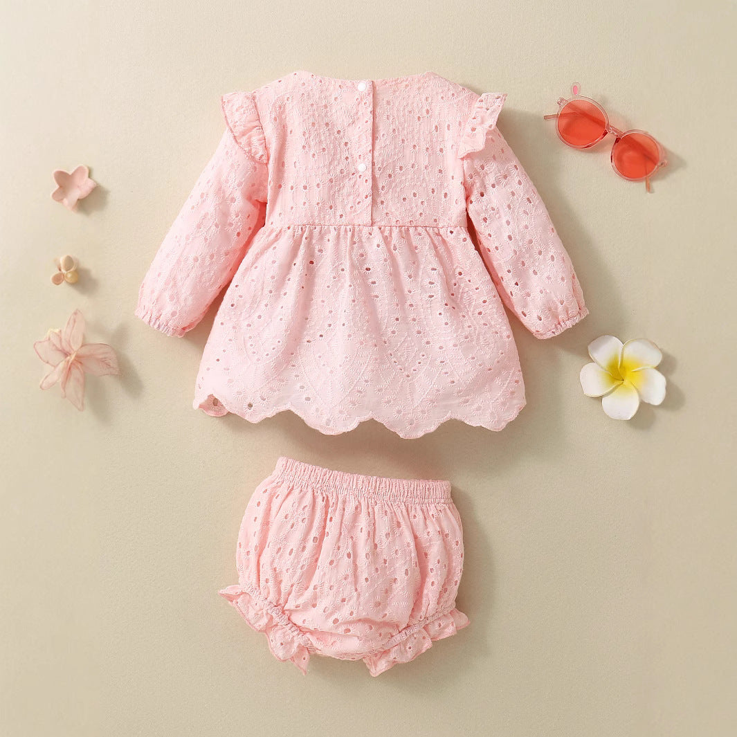 Summer Cotton Net Pink White Open Back Long Sleeve Skirt Children's Suit