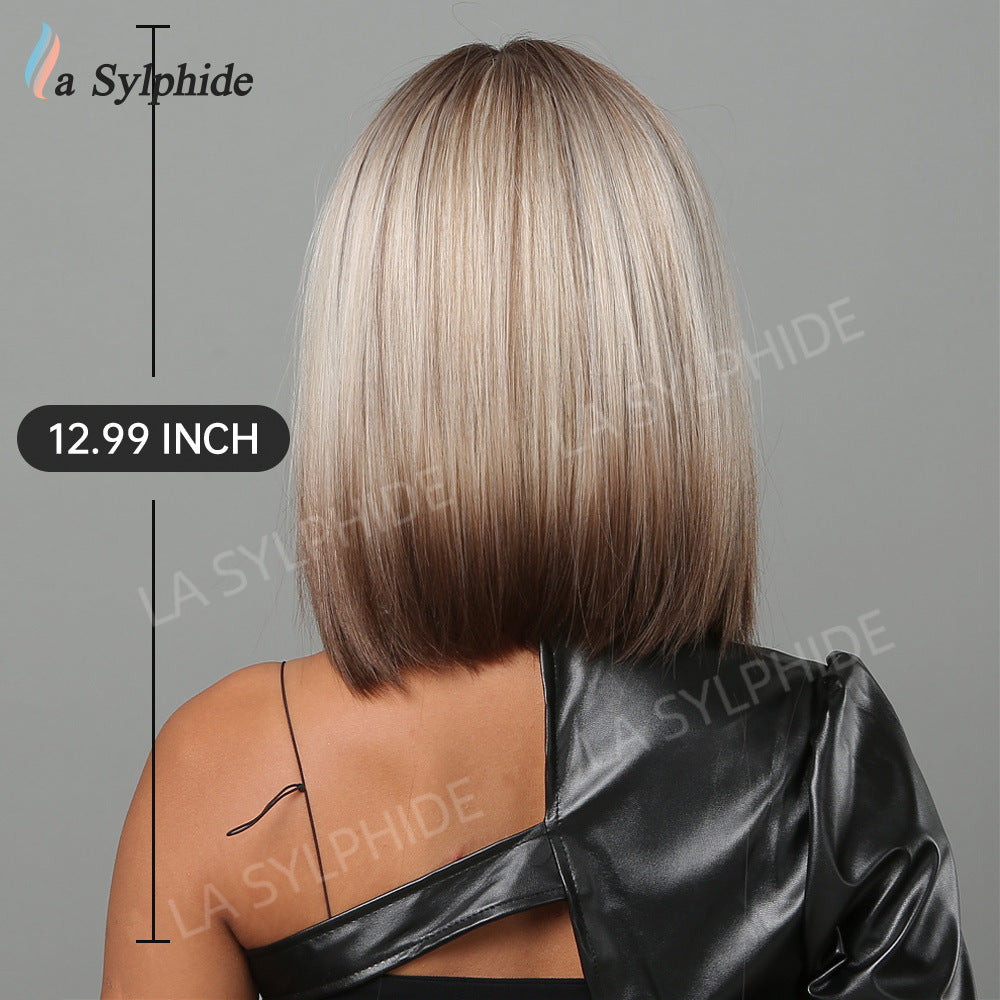 Women's Bangs Brown Gradient Sier Head Daily Wig Short Straight Hair