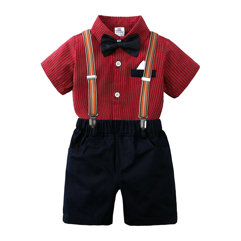 Gentleman Shirt Boy's Striped Short Sleeve Bow Tie Suspender Pants Children's Suit