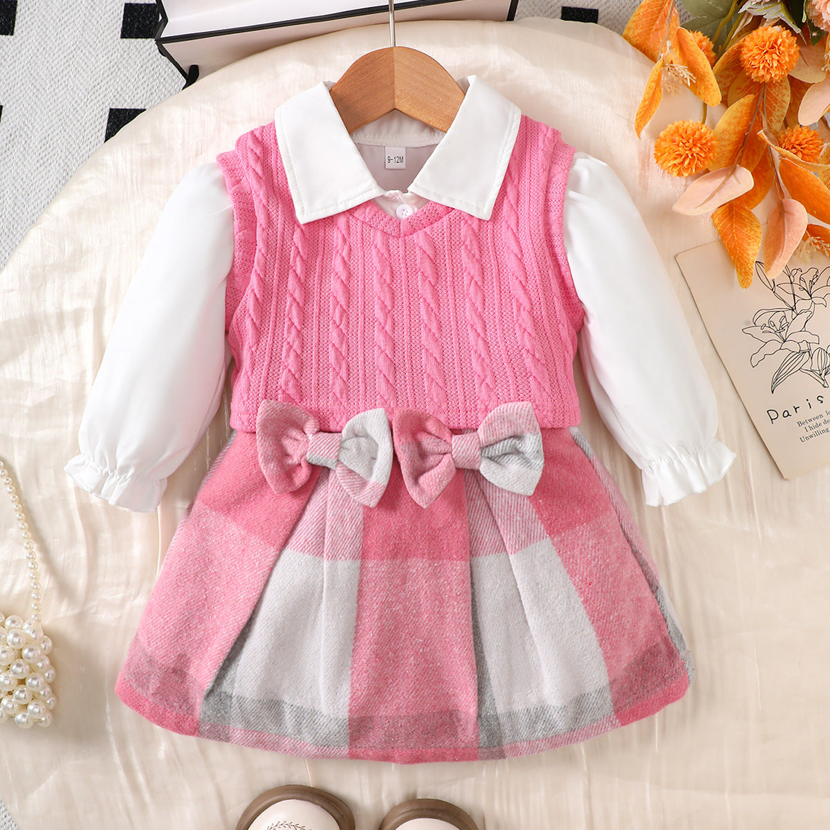 Autumn Preppy Style Long Sleeve Inner Fir Plus Sleeveless Sweater Children's Suit