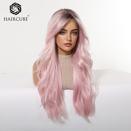 Big Wave Dyed Pink Curly Hair Mid-length Bangs Female Chemical Wig Long Curls