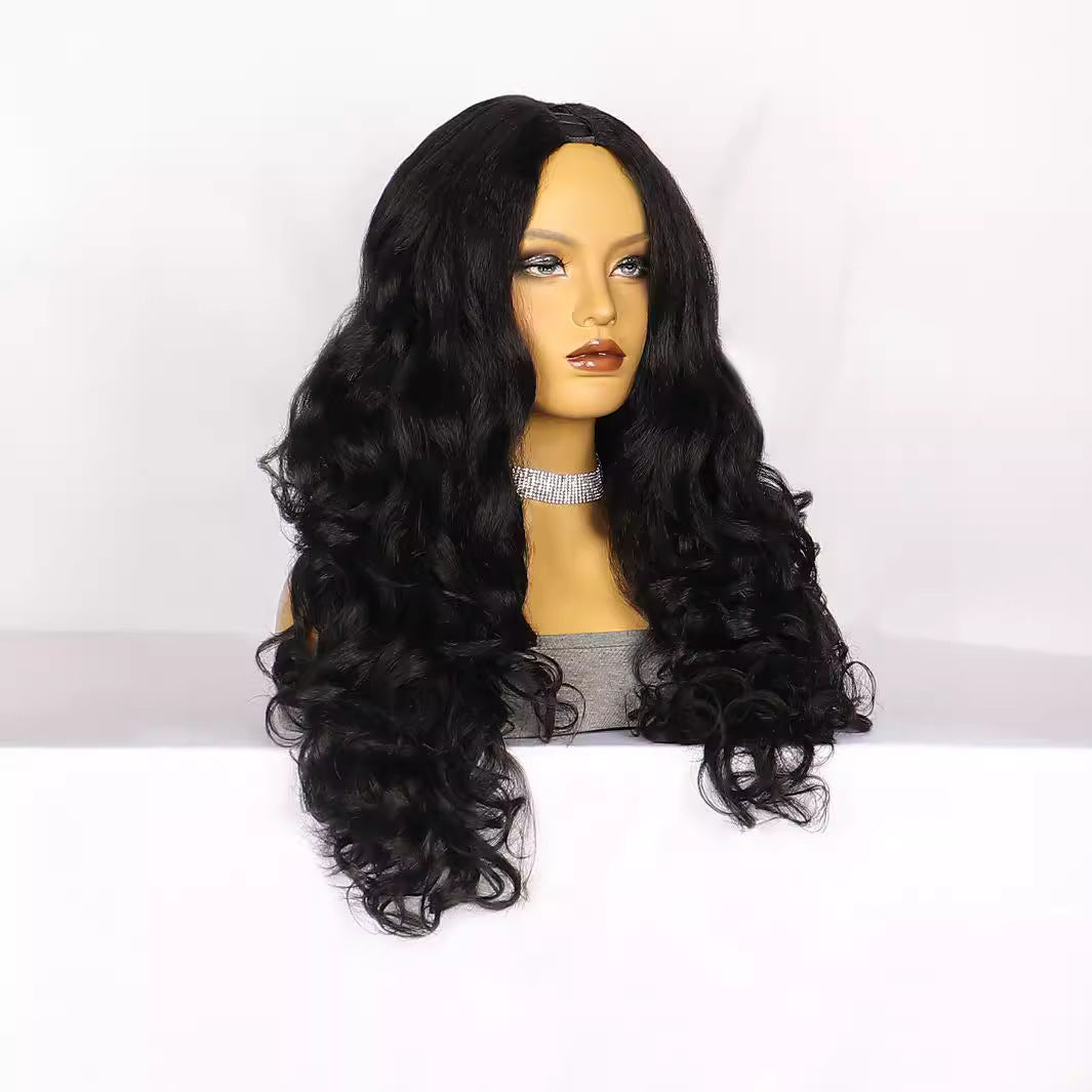 Women's Chemical Fiber Half Headgear Black Fluffy Wig Long Curls