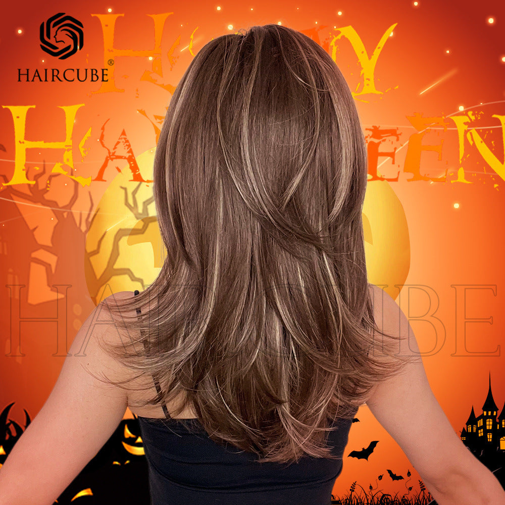 Bangs Gradient Brown Shoulder Hair Female Natural Full Long Straight Wig