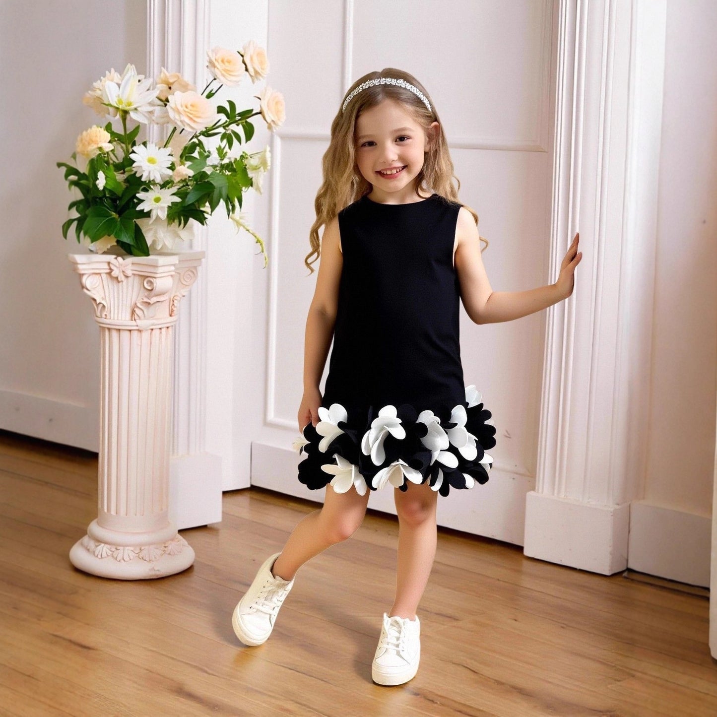 Solid Color Princess Summer Three-dimensional Flower Costume For Children's Dress