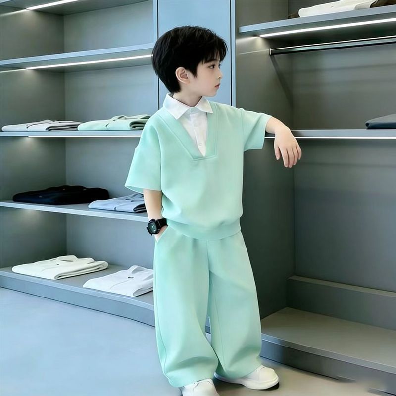Children's Boy's Summer Pu Short-sleeved Clothes Korean Style Western Leisure Children's Suit