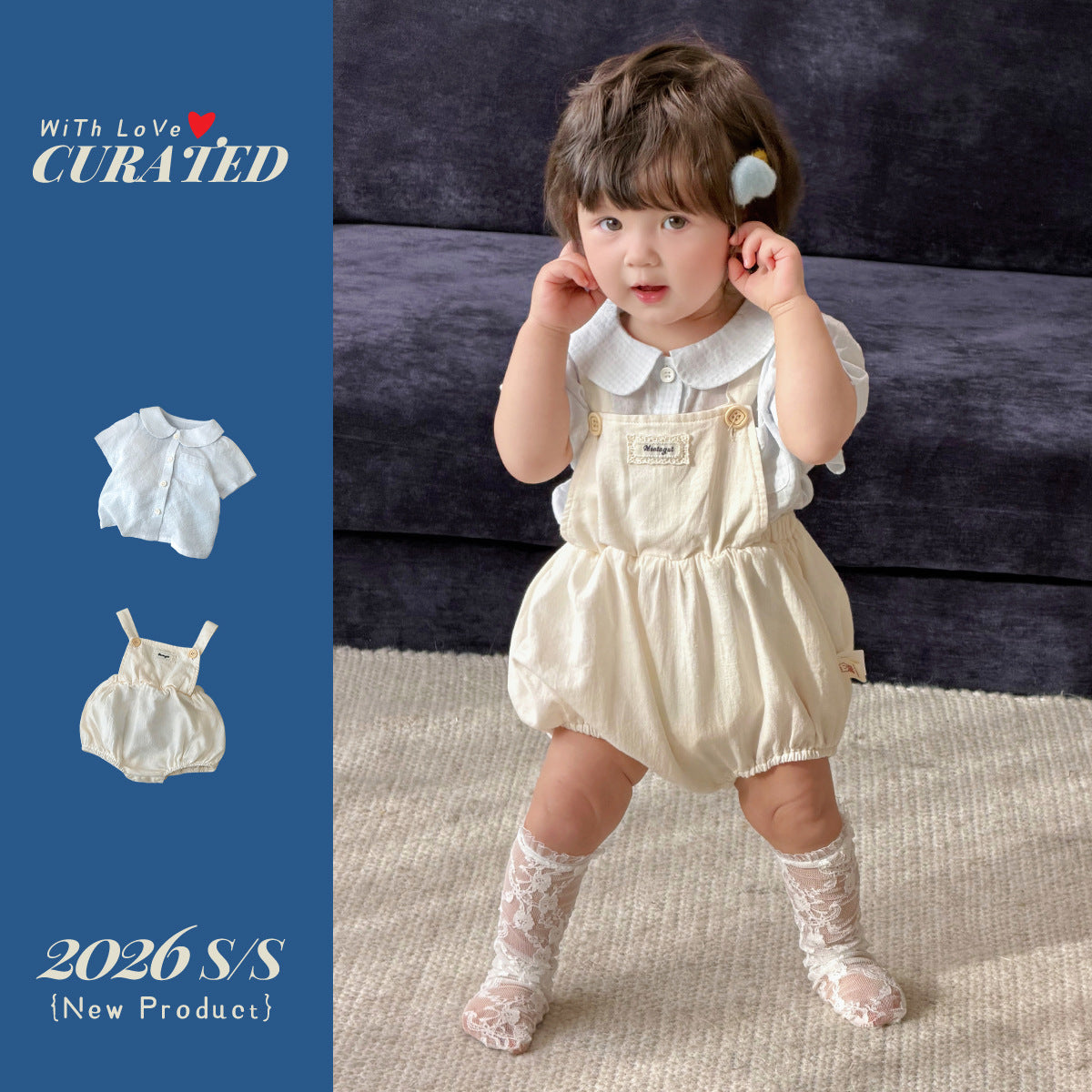 Children's Geometric Clothes Suspender Pants Fresh Peter Pan Collar Short-sleeved Shirt Children's Suit
