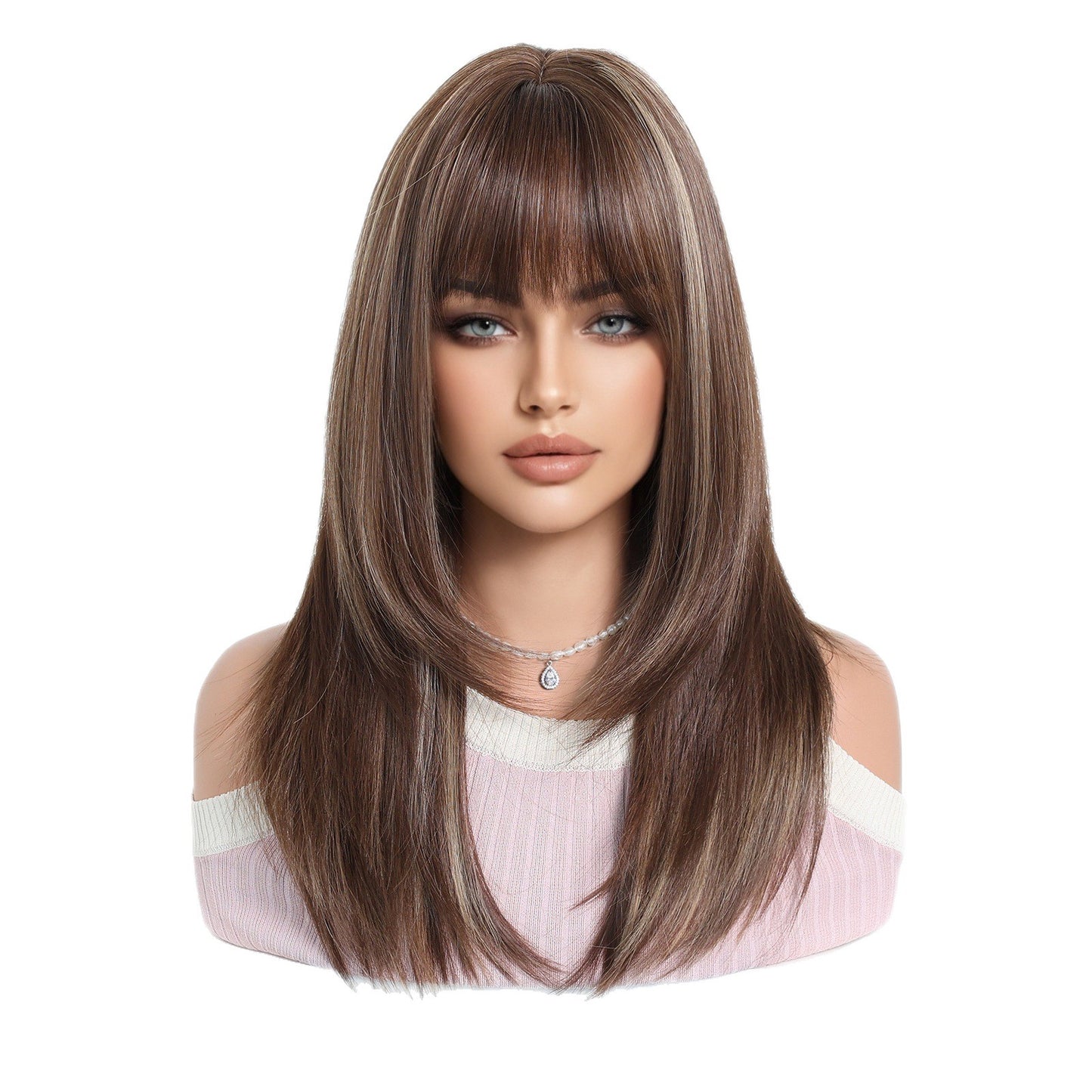 Female Fiber Chemical Hair Bangs Brown Medium Long Straight Wig